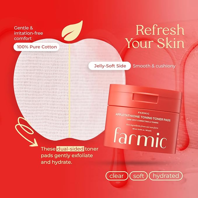 Appletathione Toning Toner Pads for Dark Spots & Uneven Tone Refinement with Apple+Glutathione, Niacinamide, LHA & PHA, 160ml/5.41fl.oz./60 Pads