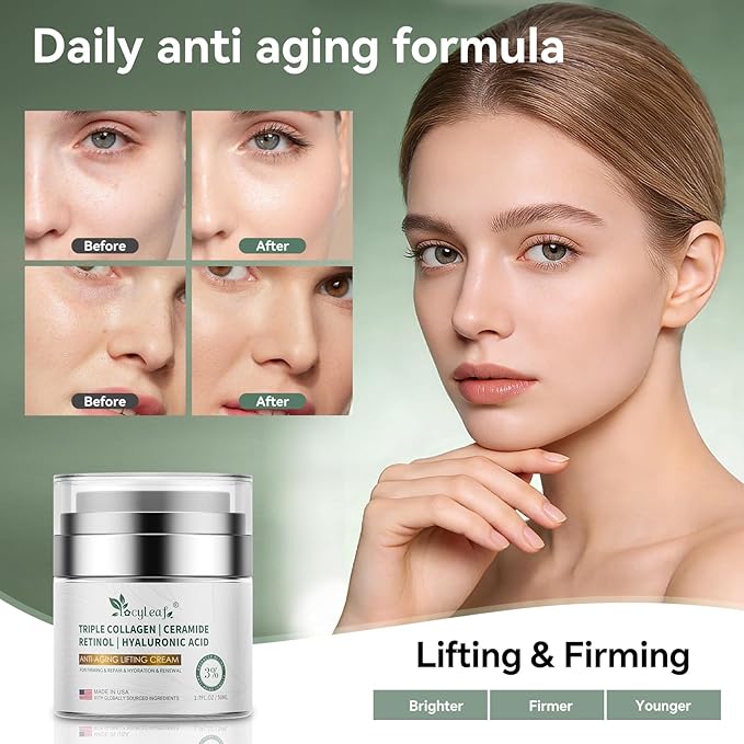 Retinol Cream, Anti-Aging Face Moisturizer, Anti-Wrinkle, Smooth Fine Lines, Hydrating, Collagen, Hyaluronic Acid, Day and Night Skin Care, Suitable for Face and Neck -Made in USA-1.7 fl oz