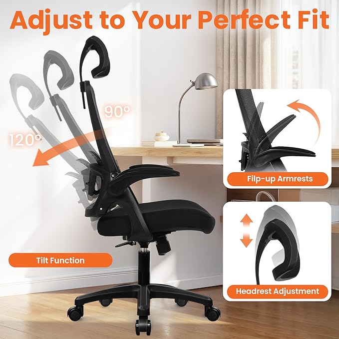 NEO Chair Ergonomic Office Desk Chair High Back Computer Gaming Mesh Chair with Comfy Task Adjustable Arms Lumbar Support Headrest Swivel for Home Office (Black)