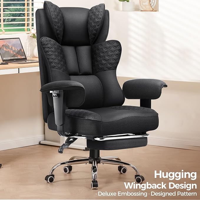 GTPLAYER Big and Tall Office Chair 400LBS Wide Ergonomic Fabric Deluxe Embossing Designed Gaming Chair with Foot Rest,150°Reclining Adjustable Armrests Pocket Spring Back Support and Pillow