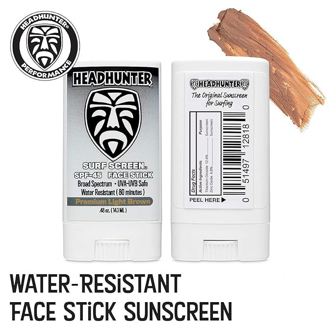 Headhunter Sunscreen Face Stick SPF 45, Waterproof Surf Sunblock for Waterman, Water-Resistant Facial Sunscreen for Ultra-Sport Protection and Solar Defense (80 min), Tinted Light Brown (2 pack)