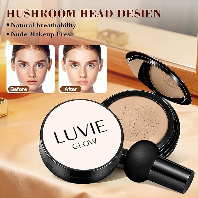 Cushion Foundation/Mushroom Head Air Cushion BB Cream/Long Lasting Hydrating Light Coverage for All Skin Types, Natural Color/Luvie (Natural)