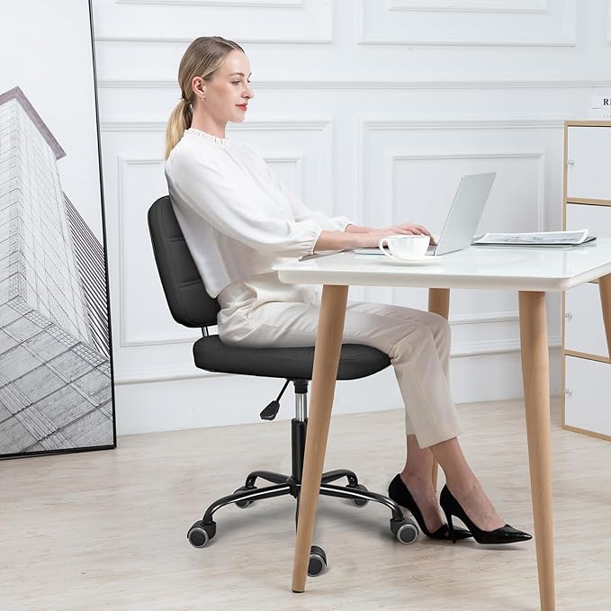 Armless Home Office Desk Chair with Wheels, Modern Ergonomic Drafting Rolling Chair with 360° Swivel Wheels,Height Adjustable Computer Task Chairs for Small Space, Black