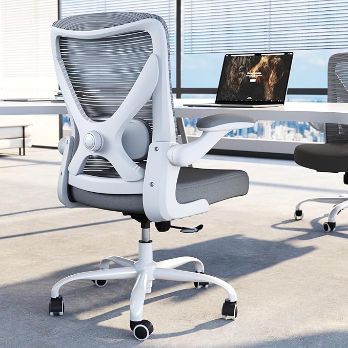 Office Chair Ergonomic Desk Chair Comfy: 330LBS Mesh Computer Chair Ergonomic Gaming Chairs with Wheels Adjustable Lumbar Support and Flip up Armrest-Swivel Executive Chairs Long Hours(White Gray)