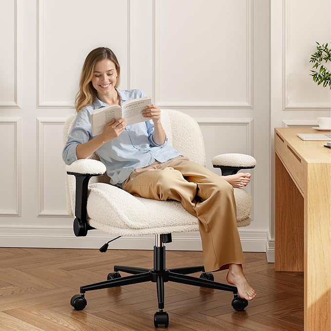 Criss Cross Chair with Wheels,Wide Cross Legged Office Chair with Flip-Up Arms,White Vanity Chair with Extra-Deep Seat Thickened for Home Office,Vanity, Apartment Dorms,Plush Cushion,Comfy
