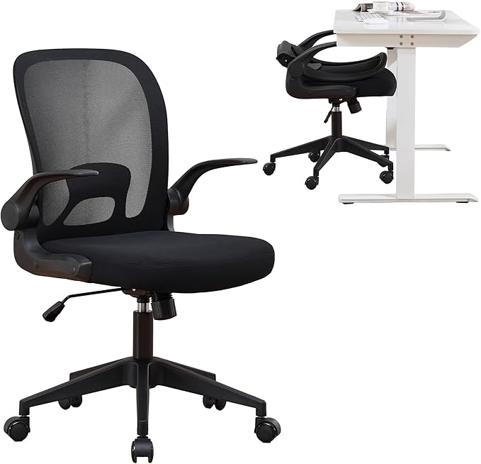 IPKIG Foldable Office Chair for Small Spaces | Home Office Folding Desk Chairs with Wheels and Flip Up Arms | Ergonomic Mesh Computer Chair for Adults & Kids Black