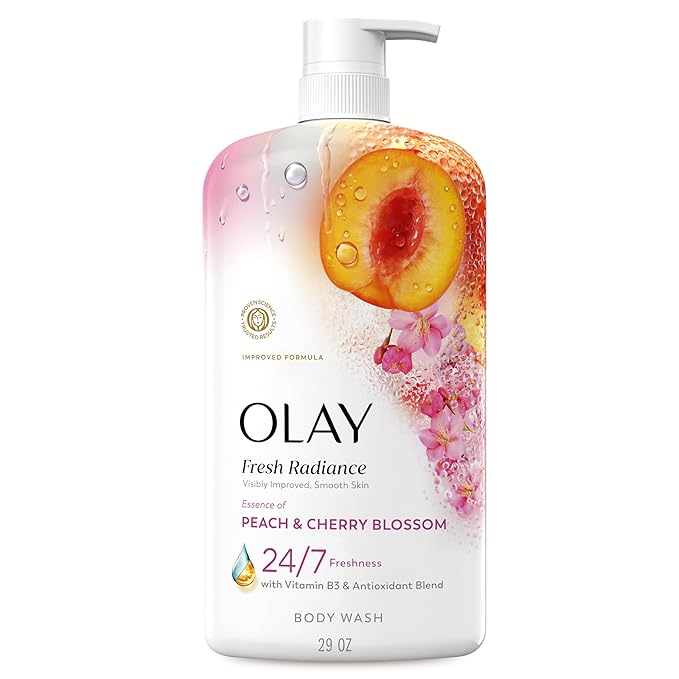 Olay Body Wash for Women, Fresh Radiance, 24/7 Skin-Loving Freshness, Visibly Radiant, Plant Based Cleansers, Vitamin B3 & Antioxidant Blend, For All Skin Types, Peach & Cherry Blossom Scent, 29 fl oz