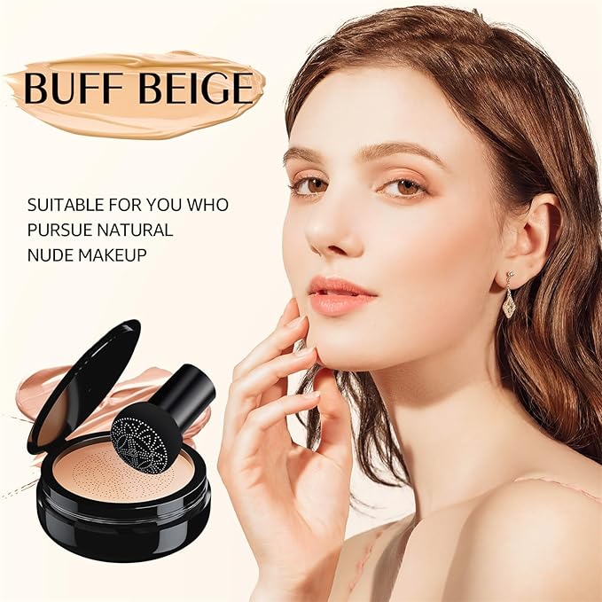 Air Cushion CC Cream Foundation - Mushroom Head BB Cream Concealer Makeup Base Moisturizing & Long-Lasting for All Skin Types and Even Color Correcting (Buff Beige)