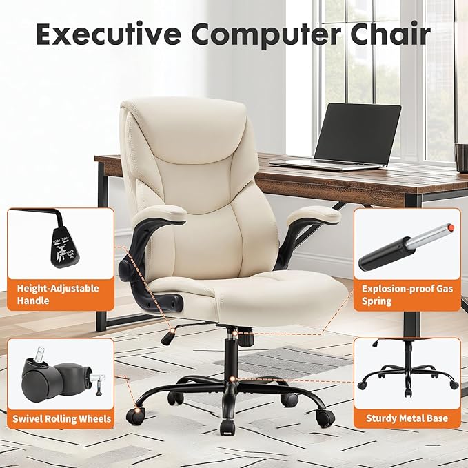 DUMOS PU Leather Office Chair - Ergonomic Executive Computer Desk Chairs with Adjustable Flip-up Armrest, Swivel Task Chair with Lumbar Support, Strong Metal Base, Cream White