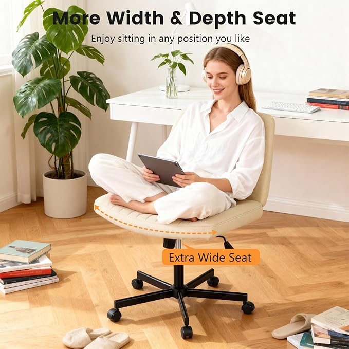 FDW Criss Cross Chair with Wheels Cross Legged Office Desk Modern Swivel Height Adjustable Wide Seat Computer Task Vanity Chair Comfy Fabric Armless Seating for Home Office