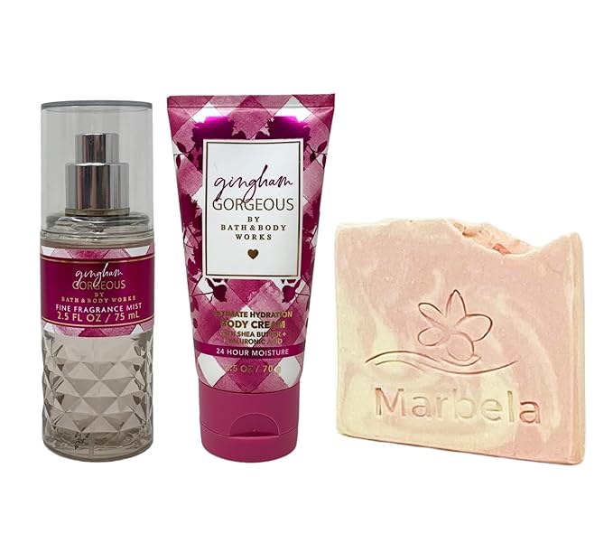 Bath & Body Works Gingham Gorgeous 2 Piece Mini Set with a Himalayan Salts Springs Sample Soap - Fragrance Mist and Body Cream - Travel Size