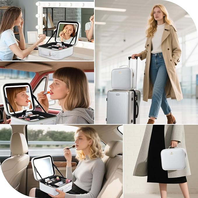 Travel Makeup Bag with LED Mirror 3 Color Modes,10.2-in White Vegan Leather Makeup Organizer Bag with Adjustable EVA Dividers and Independent Brush Panel