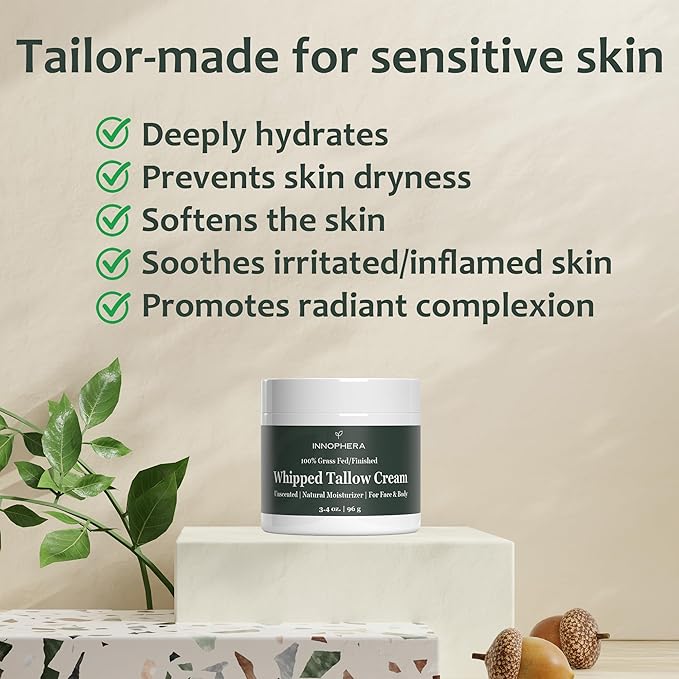 Whipped Beef Tallow Cream for Skin Care ‒ Grass Fed & Grass Finished ‒ 100% Natural Moisturizer for Sensitive Skin ‒ Handmade Face & Body Lotion ‒ Unscented & Odorless ‒ 3.4 oz.