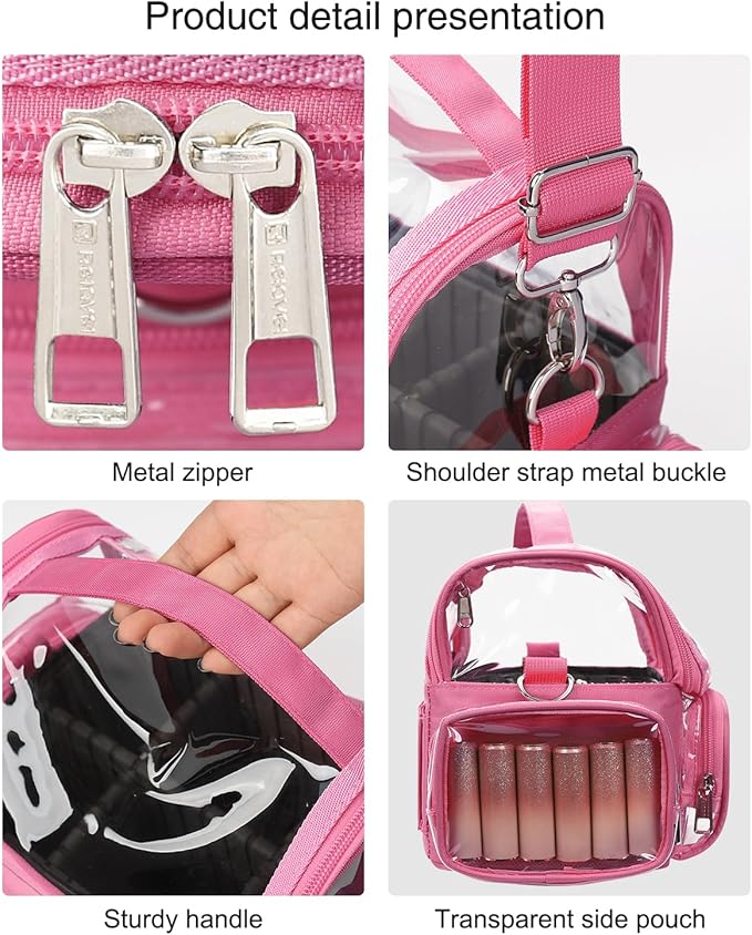 Pink Makeup Brush Bag, Large Makeup Brush Holder Professional Makeup Artist Travel Case Clear Waterproof Cosmetic Organizer Bag, Full Open Easy to Access, with Adjustable Strap and Dividers