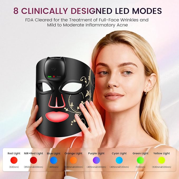 Red Light Therapy for Face, 850nm Infrared LED Face Mask Light Therapy with 280 LEDs, Cordless Red Light Therapy Device with 5 & 10 Min Timer, FDA Cleared Light Therapy Mask