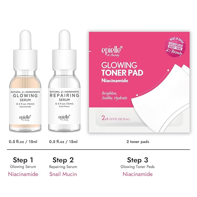 Epielle Power Serum Duo with Glowing Toner Pads, Glowing & Repairing Serums with Niacinamide & Snail Mucin, Skincare Set, Vegan & Cruelty-Free, Korean Skin Care