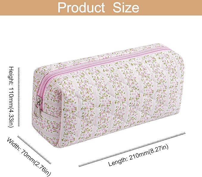 Cute Floral Cotton Makeup Brush Cosmetic Bag for Women, Travel Quilted Zipper Make Up Bag, Flowers Toiletry Organizer Case Kawaii Makeup Cosmetic Travel Cloth Pouch (Pink+Pink Bowknot)