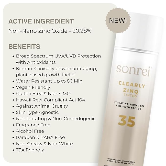 Sonrei Clearly Zinq Hydrating Tinted Facial SPF 35 + Anti-aging Growth Factor Sunscreen Mineral Gel & Primer | Broad Spectrum UV Protection | Water Resistant, Vegan | Non-greasy - 1.7 Fl oz.