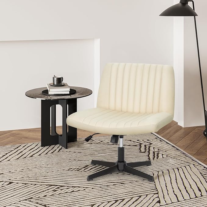 PayLessHere | Criss Cross Chair | Beige | Wide, Armless Desk Chair Without Wheels | 360 Swivel, Height Adjustable & Stable Metal Base | for Office, Home Office, Vanity Seating