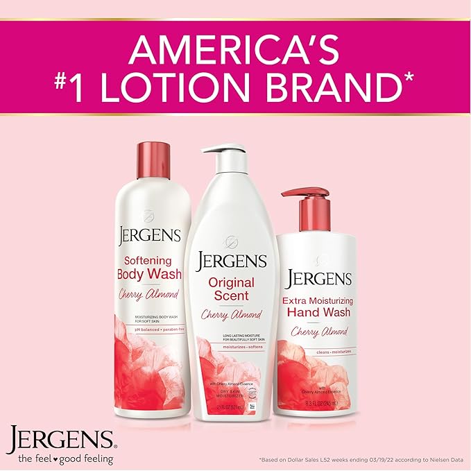 Jergens Original Scent Dry Skin Body Lotion, Hand and Body Moisturizer, Cherry Almond Essence, Dermatologist Tested, 32 Oz