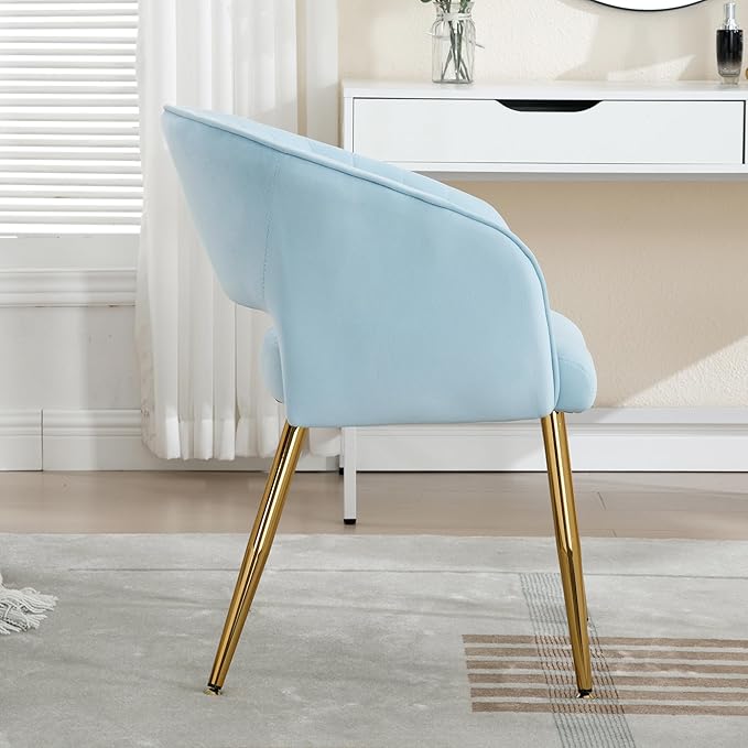 ABET Desk Chair with No Wheels, Velvet Home Office Armchair Gold Legs, Upholstered Modern Accent Chairs, Side Chair for Living Room Bedroom Vanity, Light Blue
