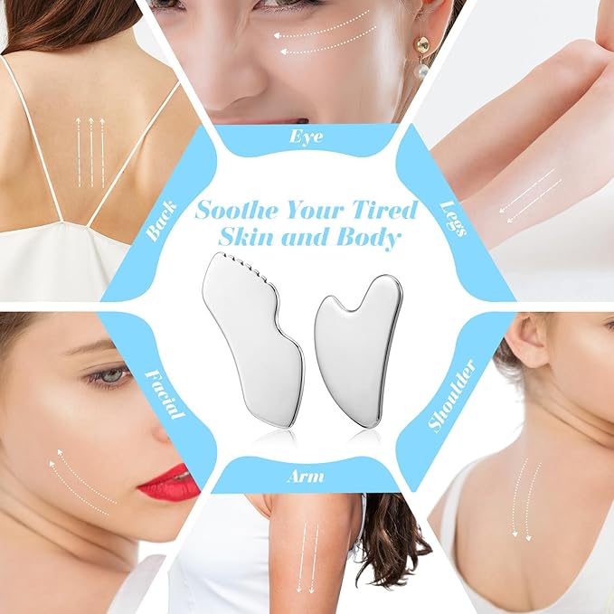 Ouligay 2PCS Stainless Steel Gua Sha Tool Facial Sculpting Tool Metal Face Massager Lymphatic Drainage Facial Massage Tool for Jawline Sculpting, Face Massager, Puffiness Reducing, Skin-Care Gift