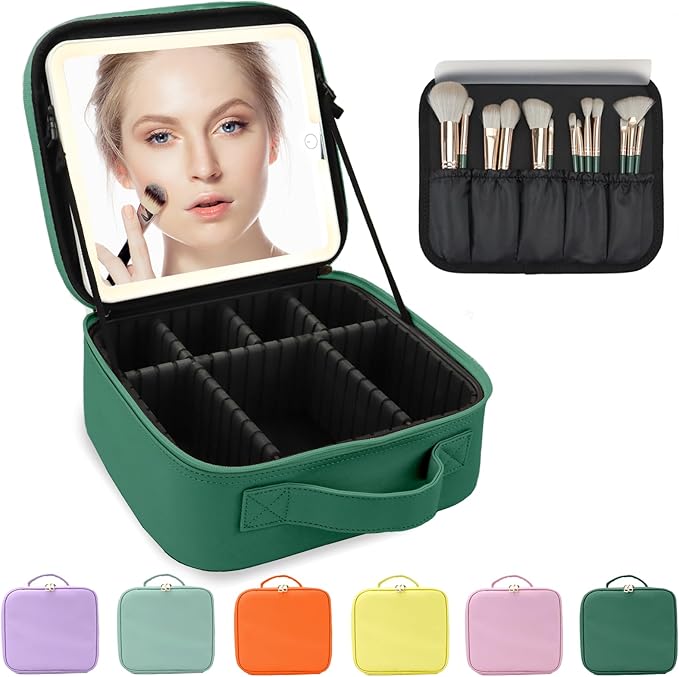 Makeup Bag with Led Mirror,Large Vanity Makeup Cases with 3 Color Setting,Portable Storage and Adjustable Dividers,for Women and Makeup Artists Cosmetic Organizer Travel Makeup Bag-Dark Green