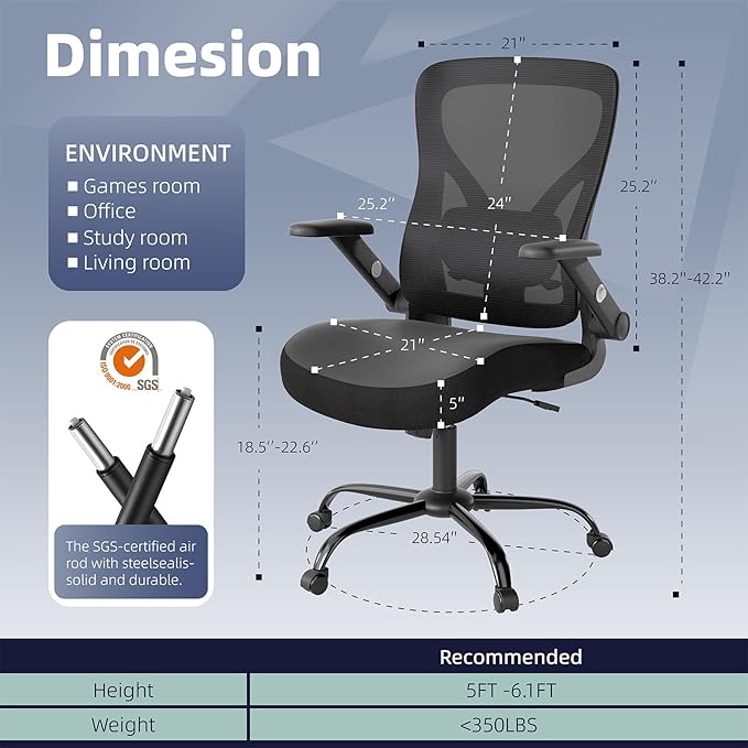 ralex-chair Office Chair Ergonomic with Adjustable Lumbar Support,Desk Chair with Mesh Back& PU Leather Seat,Computer Chair with 3D Flip-up Armrest, Comfortable for Office, Gaming,Home