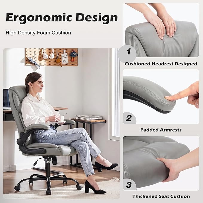 DUMOS PU Leather Office Chair - Ergonomic Executive Computer Desk Chairs with Adjustable Flip-up Armrest, Swivel Task Chair with Lumbar Support, Strong Metal Base, Grey