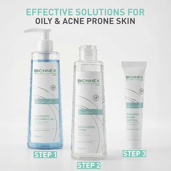 Complete Acne Treatment Routine, 3 Step Daily Routine with Foaming Cleanser, Revitalizing Toner & Sebum Control Cream, Dermatologocally & Clinically Tested, 2 Month Supply