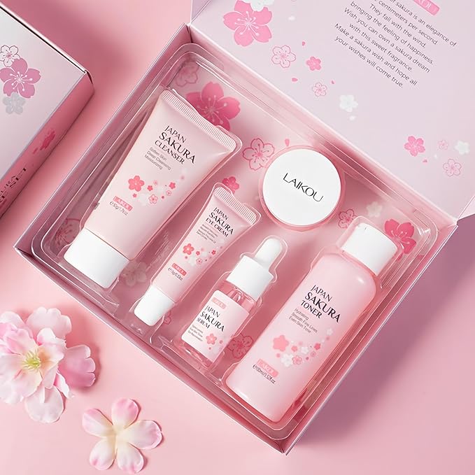 Skincare Set for Women, Skin Moisturizing Kit SAKURA Clean & Care for Teen Girls, Travel Daily Hydration Glowing Kit| Cleanser Toner Serum Eye Cream Face Cream (5PCS)