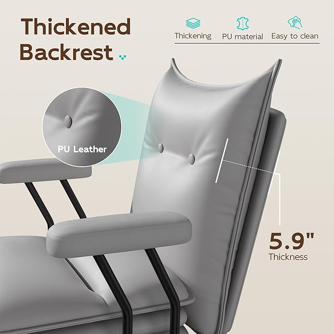 Grey Office Chair with Triple-Layers Thicken Wide Seat, Mid Back Leather Desk Chair with Wheels and Arms, Mid-Century Modern Computer Chair for Home Office