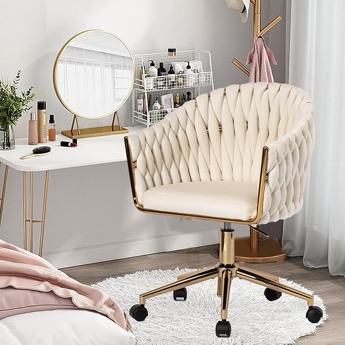 Velvet Office Chair with Hand Woven, Beige Vanity Desk Chairs with Golden Wheels, 360° Swivel Home Office Desk Chair Computer Chairs, Accent Chair Makeup Chair for Bedroom, Living Room(Beige)