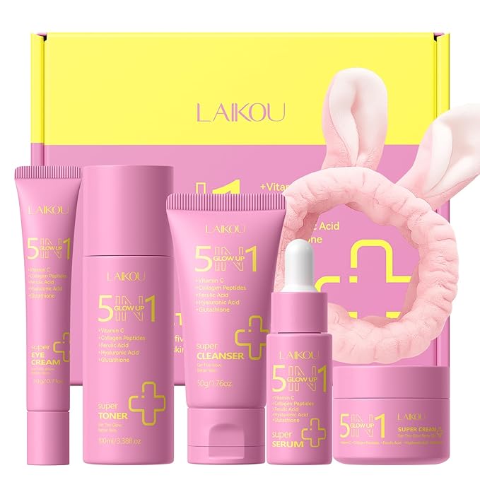 LAIKOU 5 in 1 Skin Care Set, Glow up Gift Set for Women, Skincare Gift Set with Hydrolyzed Collagen Eye Cream, Toner, Cream, Serum, Cleanser and Headband for Women Teen Girls Mother's Day Christmas