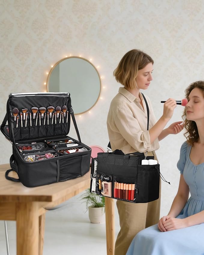 TANTO Makeup Backpack, Makeup Artist Bag Professional Cosmetic Bag with 4 Bag & Tote Bag Double-Layer Make up Storage Organizer Cosmetic Case with Adjustable Divider(Black+XX Large)