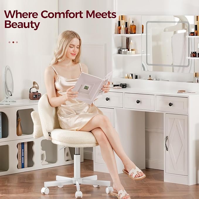 GTPLAYER Velvet Tall Office Chair with Wheels Vanity Chairs with Back, Versatile Height Use: Office to Bar Stools Small Ergonomic Comfy Armlees Computer Desk Chair with Bow Lumbar Pillow for Gift