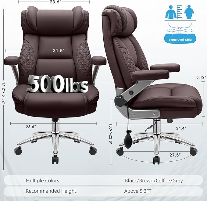 Office Desk Chair, Big and Tall Executive Office Computer Chair, Extra Wide 500LBS Heavy Duty Office Chair, High Back Ergonomic Office Gaming Chair with Adjustable Lumbar Support & 5D Flip Arms