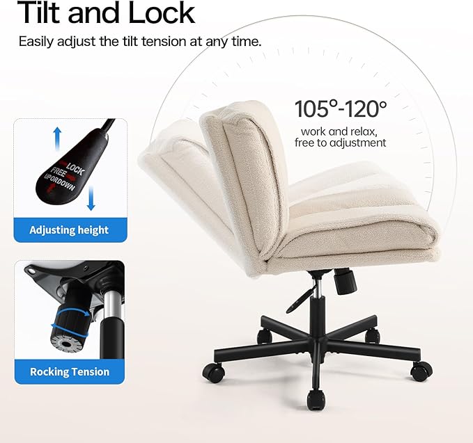 LEAGOO Criss Cross Chair with Wheels, Furry Armless Desk Chair, Comfy Wide Seat Cross Legged Office Chair, Stylish Height Adjustable Cute Swivel Vanity Chair for Home Office, Make Up, Cream White