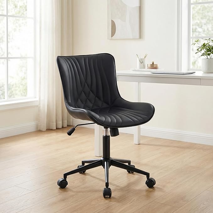 YOUNIKE Office Chair, Armless Desk Chair with Wheels, Home Office Computer Task Chairs, Modern Faux Leather Padded Vanity Chair, Adjustable Swivel Rocking Chair with Back, Black