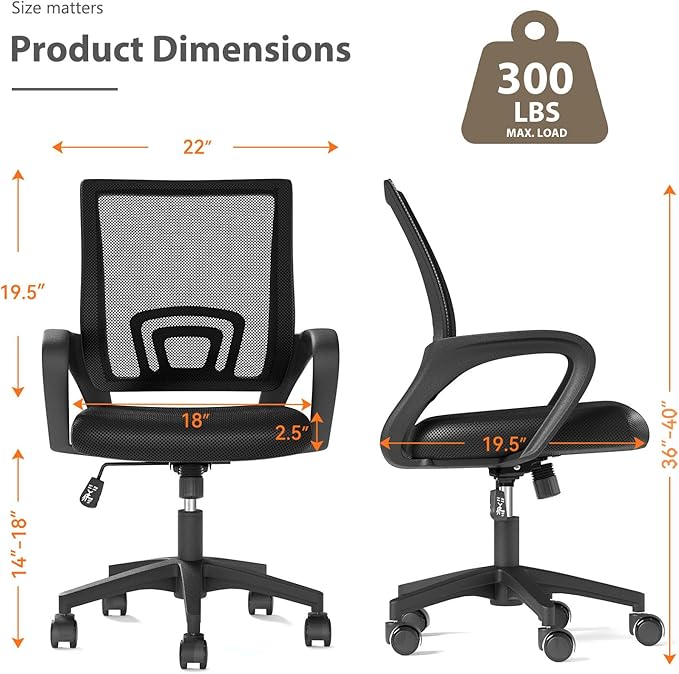 Home Office Chairs, Ergonomic Mid-Back Mesh Desk Chairs with Lumbar Support, Adjustable Swivel Rolling Design, Comfy Armrest for Work, Study, Gaming, Vanity, Black, 2 Pack