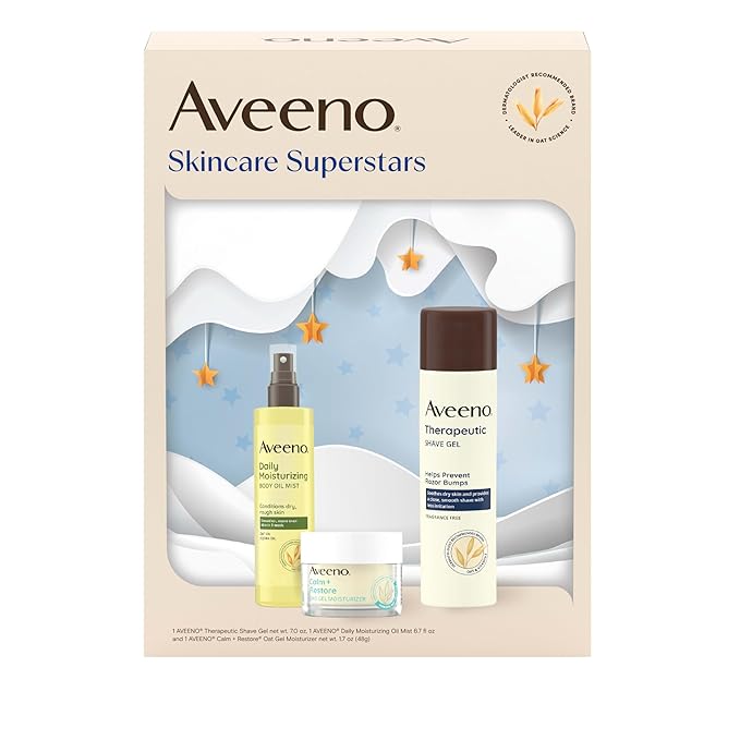 Aveeno Skin-care Superstars Gift Set with Calm + Restore Oat Gel Facial Moisturizer, Daily Moisturizing Body Oil Mist, & Therapeutic Shave Gel for Smooth Skin, 3 items