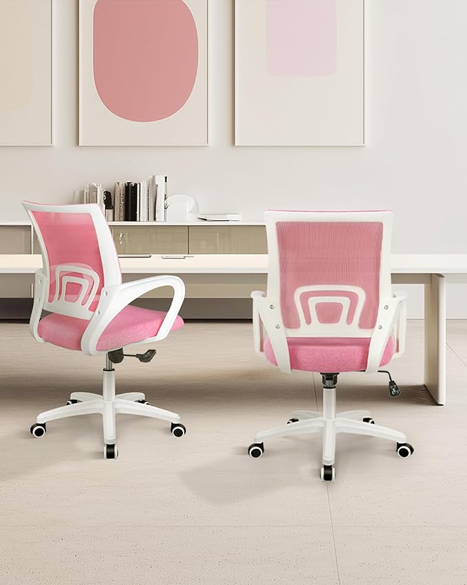 NEO CHAIR Office Desk Computer Chair Ergonomic Mesh Gaming Mid Back Seat with Comfy Lumbar Support Adjustable Height Swivel for Home Task (Pink)