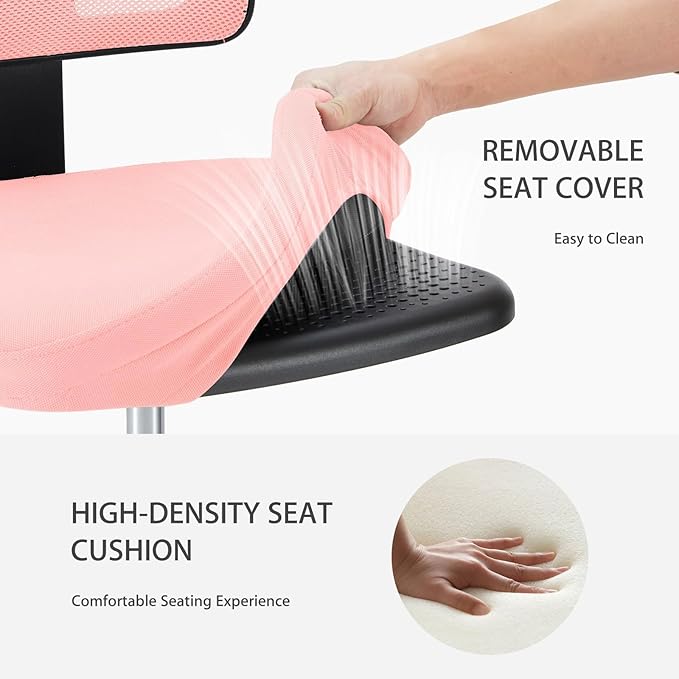 NEWBULIG Home Office Desk Chair, Armless Ergonomic Swivel Computer Chair with Wheels, Adjustable Height and Low-Back Mesh, Rolling Chair with Lumbar Support and Soft Seat for Small Spaces, Pink