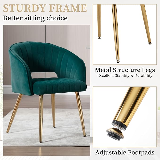 Westice Velvet Home Office Desk Chair Set of 1, Modern Tufted Vanity Chairs with Gold Metal Legs, Upholstered Accent Armchair for Living Room Restaurant, Dark Green