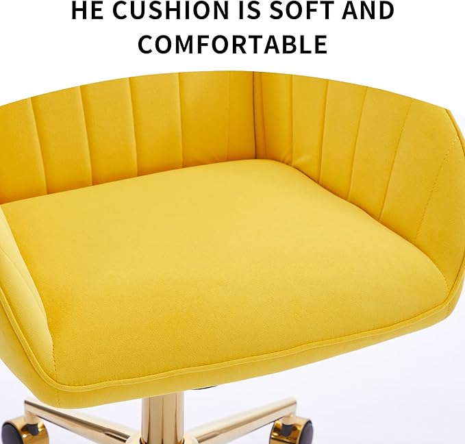 YITAI Velvet Office Desk Chair with Wheels and Gold Base,Modern Height Adjustable 360 Degree Swivel Upholstered Vanity Chairs with Arms for Living Room Bedroom, Study,Yellow
