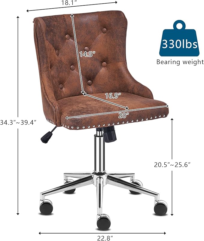 VINGLI Rustic Microfiber Armless Home Office Desk Chair with Silver Base/Wheels, Small Cute Vanity/Makeup Chair with Back for Bedroom, Upholstered Adjustable Rolling Swivel Nail Chair for Women/Girls