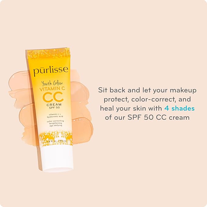 pūrlisse Youth Glow Vitamin C CC Cream with SPF 50 - Color Corrector Enriched with Sea Buckthorn, Vitamin C & Hyaluronic Acid - Boosts Radiance & Youthfulness - Paraben-Free - Light (1.4 oz)