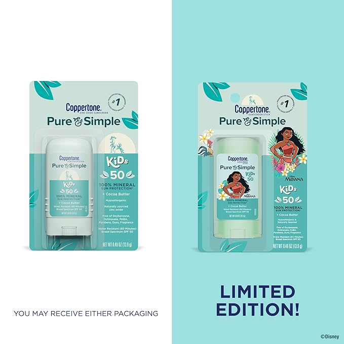 Coppertone Pure and Simple Kids Exclusive Disney Moana Sunscreen Stick SPF 50,Hypoallergenic,Mineral Sunscreen for Kids,Water Resistant,Oxybenzone and Octinoxate Free,0.49 Oz Stick,(Pack of 2)