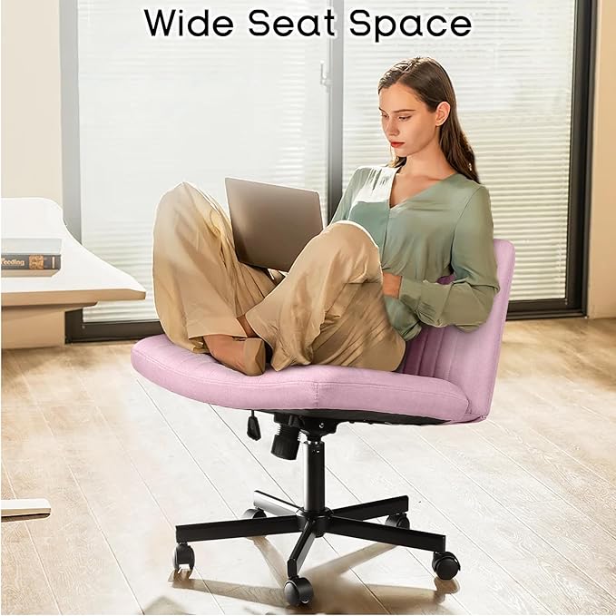 PUKAMI Criss Cross Chair,Comfy Cross Legged Office Desk Chair No Wheels,Modern Fabric Swivel Adjustable Height Mid Back Wide Seat for Home Office Computer (Pink with Wheels)