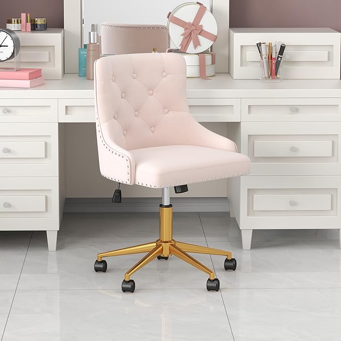 Westice Velvet Desk Chairs, Upholstered Swivel Comfy Makeup Vanity Chair with Tufted Back, Gold Metal Base & Wheels, Height Adjustable Chair for Girls, Bedroom Living Room, Light Pink